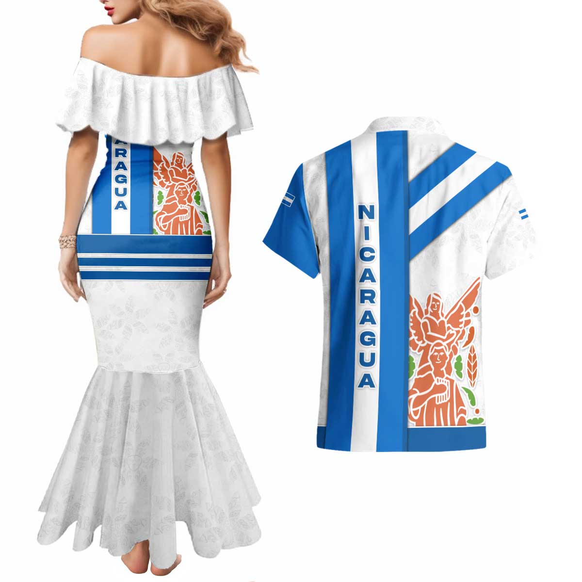Nicaragua Cultural Art Couples Matching Mermaid Dress and Hawaiian Shirt with Blue White Stripes and Indigenous Motif Design - Wonder Print Shop