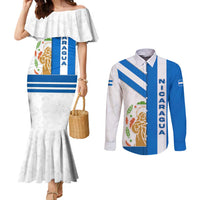 Nicaragua Cultural Art Couples Matching Mermaid Dress and Long Sleeve Button Shirt with Blue White Stripes and Indigenous Motif Design - Wonder Print Shop