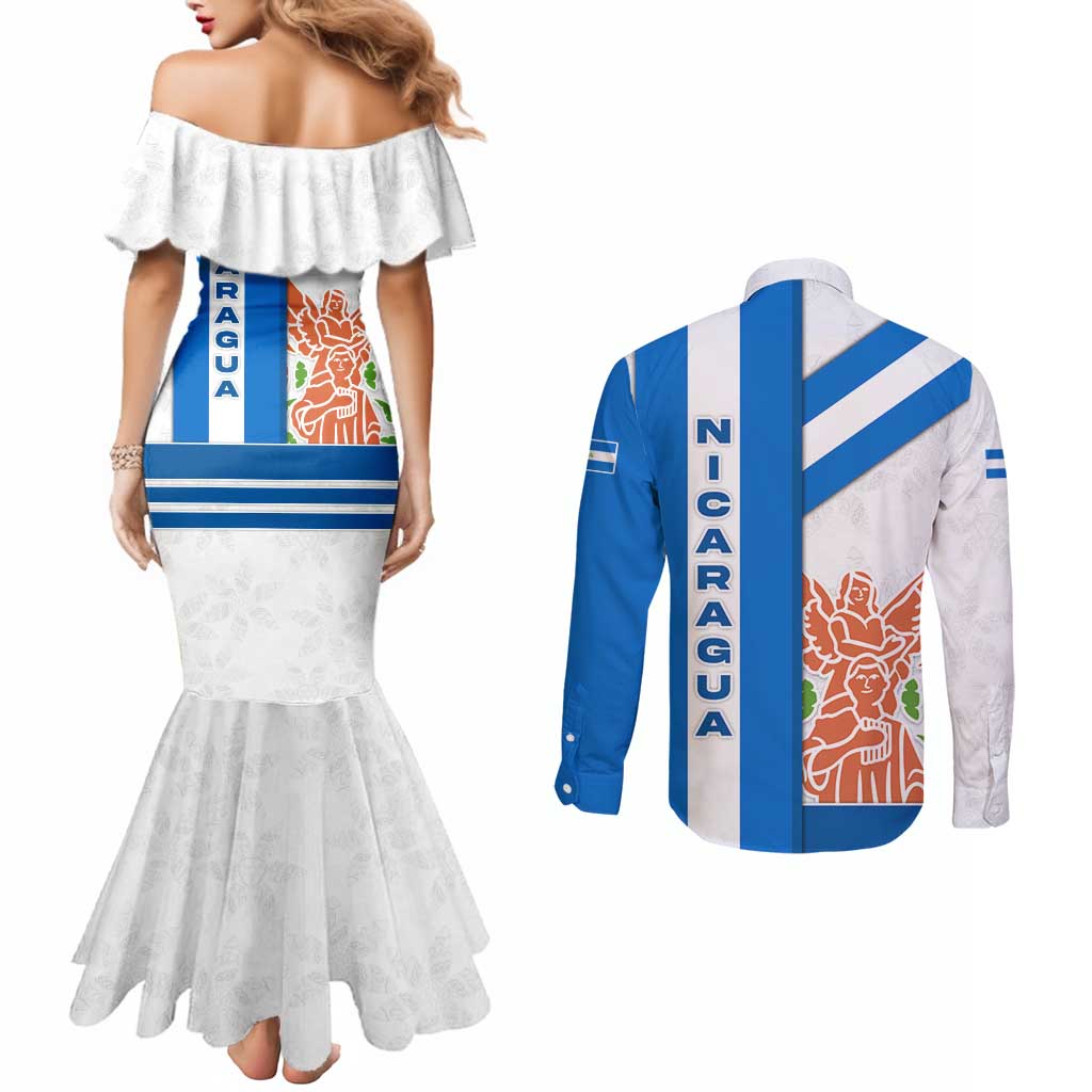 Nicaragua Cultural Art Couples Matching Mermaid Dress and Long Sleeve Button Shirt with Blue White Stripes and Indigenous Motif Design - Wonder Print Shop