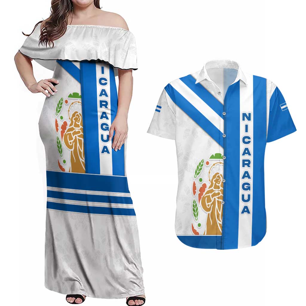 Nicaragua Cultural Art Couples Matching Off Shoulder Maxi Dress and Hawaiian Shirt with Blue White Stripes and Indigenous Motif Design - Wonder Print Shop