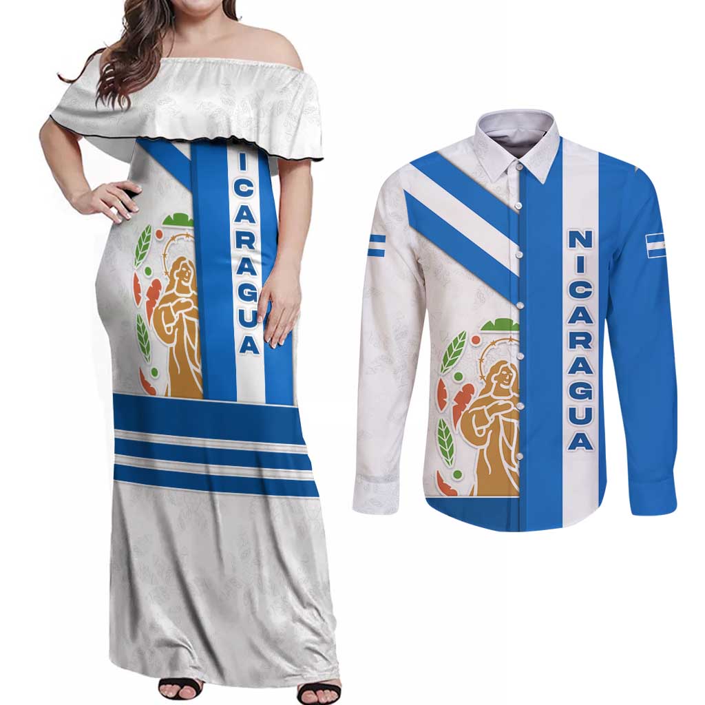 Nicaragua Cultural Art Couples Matching Off Shoulder Maxi Dress and Long Sleeve Button Shirt with Blue White Stripes and Indigenous Motif Design - Wonder Print Shop