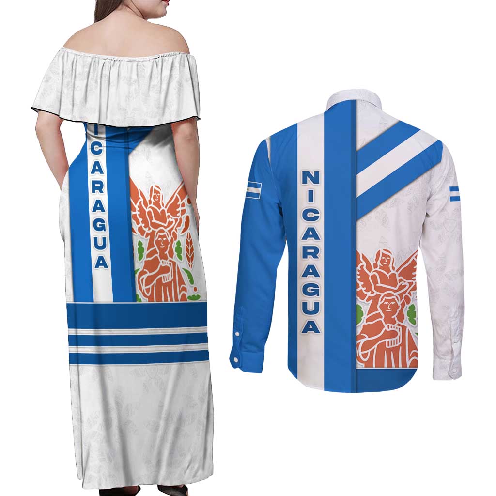 Nicaragua Cultural Art Couples Matching Off Shoulder Maxi Dress and Long Sleeve Button Shirt with Blue White Stripes and Indigenous Motif Design - Wonder Print Shop