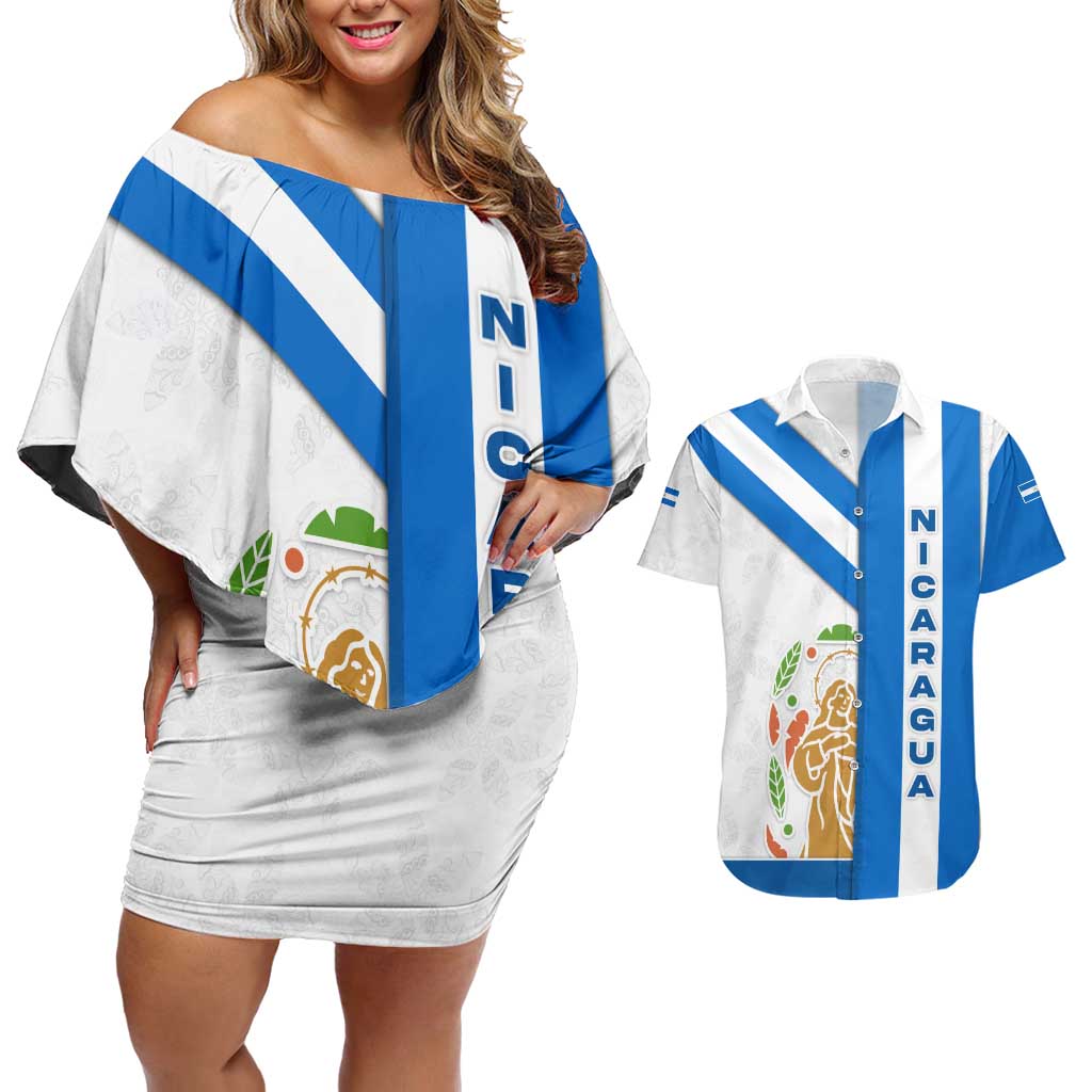 Nicaragua Cultural Art Couples Matching Off Shoulder Short Dress and Hawaiian Shirt with Blue White Stripes and Indigenous Motif Design - Wonder Print Shop