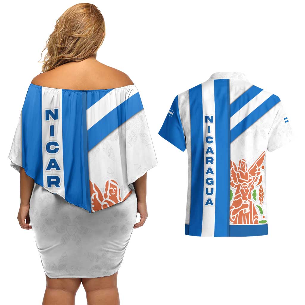 Nicaragua Cultural Art Couples Matching Off Shoulder Short Dress and Hawaiian Shirt with Blue White Stripes and Indigenous Motif Design - Wonder Print Shop