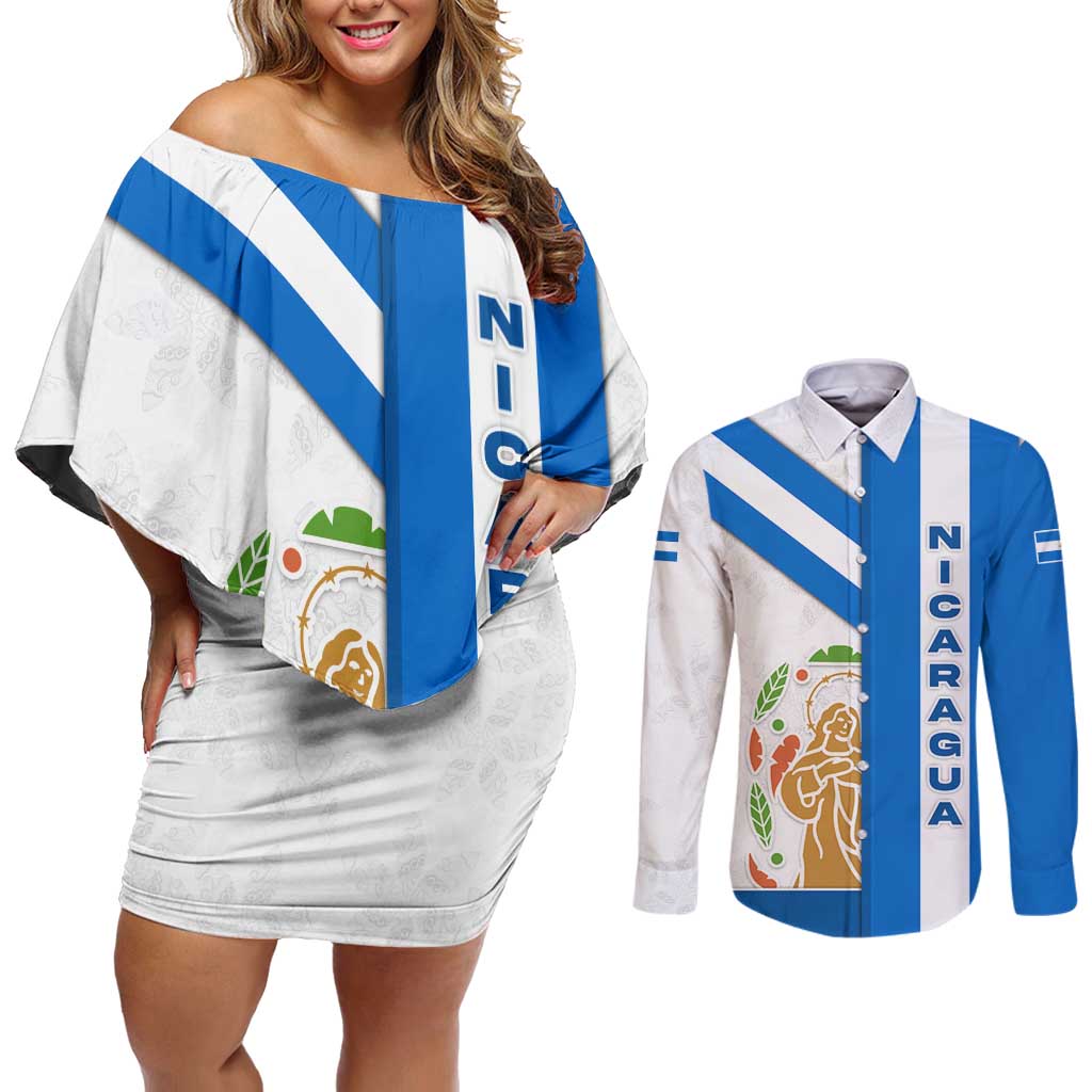 Nicaragua Cultural Art Couples Matching Off Shoulder Short Dress and Long Sleeve Button Shirt with Blue White Stripes and Indigenous Motif Design - Wonder Print Shop
