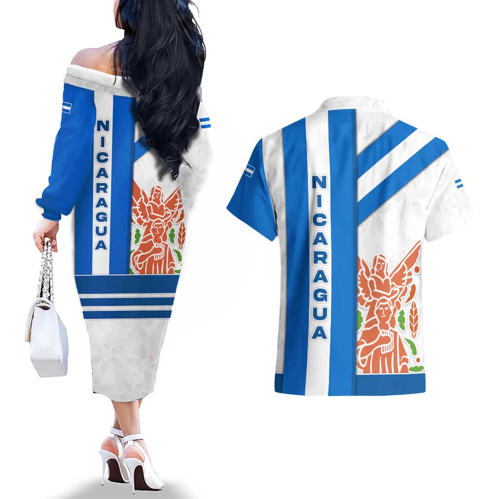 Nicaragua Cultural Art Couples Matching Off The Shoulder Long Sleeve Dress and Hawaiian Shirt with Blue White Stripes and Indigenous Motif Design - Wonder Print Shop