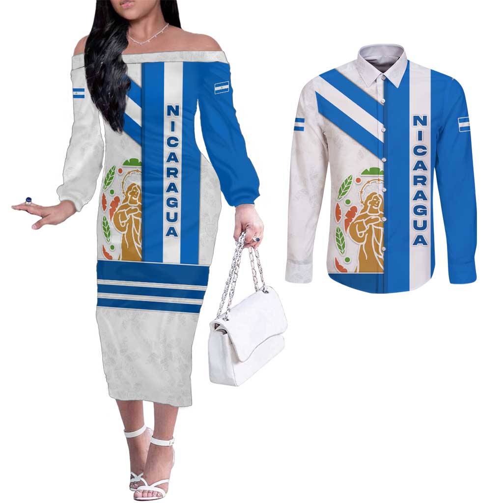 Nicaragua Cultural Art Couples Matching Off The Shoulder Long Sleeve Dress and Long Sleeve Button Shirt with Blue White Stripes and Indigenous Motif Design - Wonder Print Shop