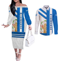 Nicaragua Cultural Art Couples Matching Off The Shoulder Long Sleeve Dress and Long Sleeve Button Shirt with Blue White Stripes and Indigenous Motif Design - Wonder Print Shop