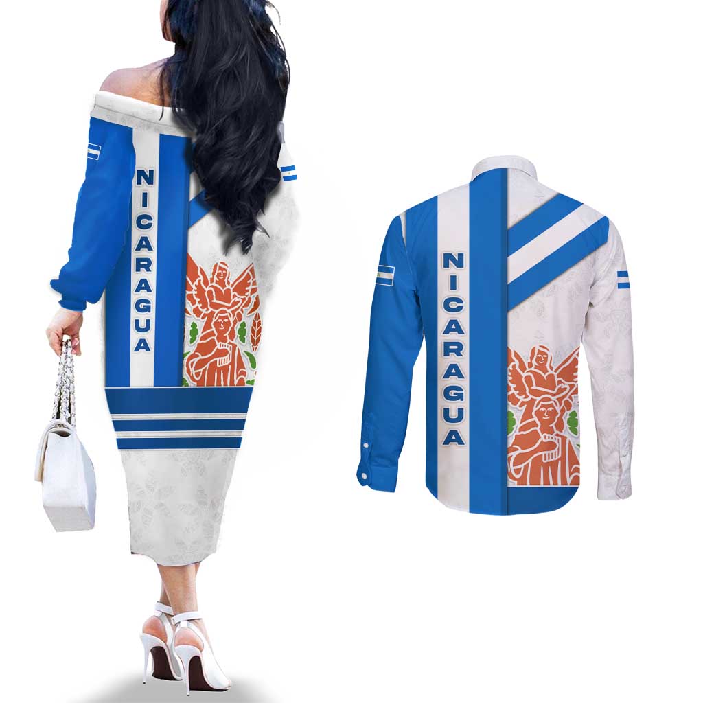 Nicaragua Cultural Art Couples Matching Off The Shoulder Long Sleeve Dress and Long Sleeve Button Shirt with Blue White Stripes and Indigenous Motif Design - Wonder Print Shop