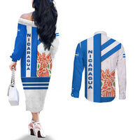 Nicaragua Cultural Art Couples Matching Off The Shoulder Long Sleeve Dress and Long Sleeve Button Shirt with Blue White Stripes and Indigenous Motif Design - Wonder Print Shop