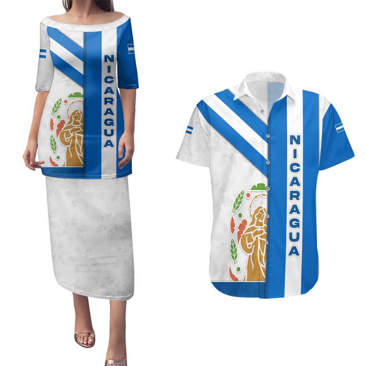 Nicaragua Cultural Art Couples Matching Puletasi and Hawaiian Shirt with Blue White Stripes and Indigenous Motif Design - Wonder Print Shop