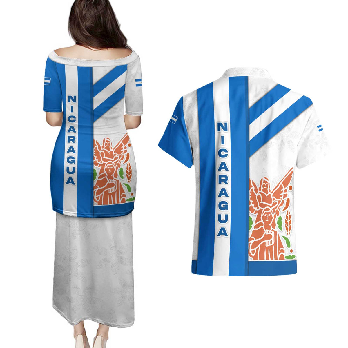 Nicaragua Cultural Art Couples Matching Puletasi and Hawaiian Shirt with Blue White Stripes and Indigenous Motif Design - Wonder Print Shop