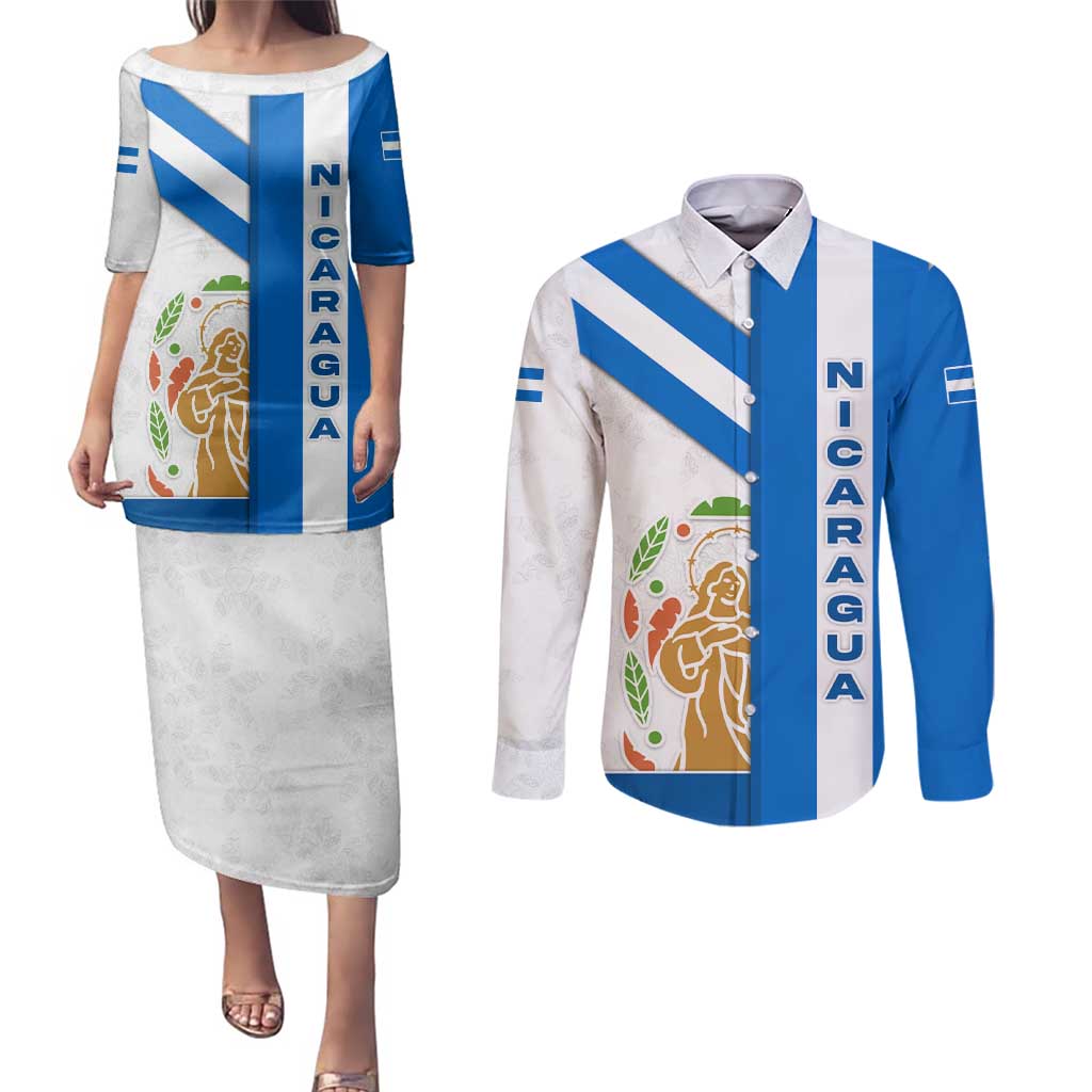 Nicaragua Cultural Art Couples Matching Puletasi and Long Sleeve Button Shirt with Blue White Stripes and Indigenous Motif Design - Wonder Print Shop
