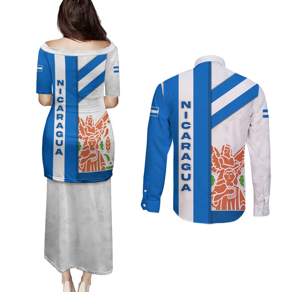 Nicaragua Cultural Art Couples Matching Puletasi and Long Sleeve Button Shirt with Blue White Stripes and Indigenous Motif Design - Wonder Print Shop