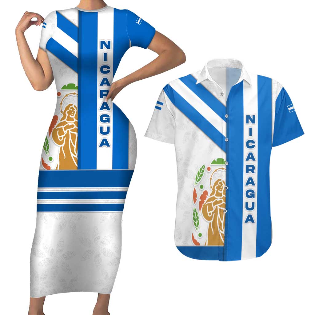 Nicaragua Cultural Art Couples Matching Short Sleeve Bodycon Dress and Hawaiian Shirt with Blue White Stripes and Indigenous Motif Design - Wonder Print Shop