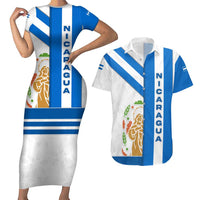 Nicaragua Cultural Art Couples Matching Short Sleeve Bodycon Dress and Hawaiian Shirt with Blue White Stripes and Indigenous Motif Design - Wonder Print Shop
