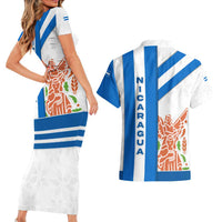 Nicaragua Cultural Art Couples Matching Short Sleeve Bodycon Dress and Hawaiian Shirt with Blue White Stripes and Indigenous Motif Design - Wonder Print Shop