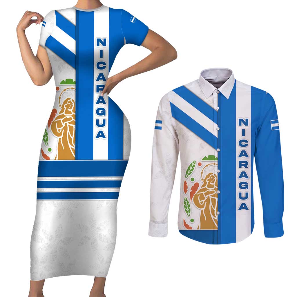 Nicaragua Cultural Art Couples Matching Short Sleeve Bodycon Dress and Long Sleeve Button Shirt with Blue White Stripes and Indigenous Motif Design - Wonder Print Shop