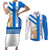 Nicaragua Cultural Art Couples Matching Short Sleeve Bodycon Dress and Long Sleeve Button Shirt with Blue White Stripes and Indigenous Motif Design - Wonder Print Shop