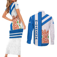 Nicaragua Cultural Art Couples Matching Short Sleeve Bodycon Dress and Long Sleeve Button Shirt with Blue White Stripes and Indigenous Motif Design - Wonder Print Shop