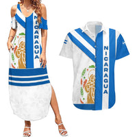 Nicaragua Cultural Art Couples Matching Summer Maxi Dress and Hawaiian Shirt with Blue White Stripes and Indigenous Motif Design - Wonder Print Shop