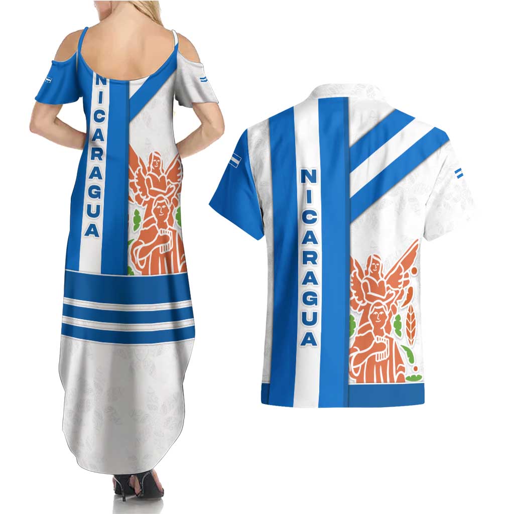 Nicaragua Cultural Art Couples Matching Summer Maxi Dress and Hawaiian Shirt with Blue White Stripes and Indigenous Motif Design - Wonder Print Shop