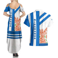 Nicaragua Cultural Art Couples Matching Summer Maxi Dress and Hawaiian Shirt with Blue White Stripes and Indigenous Motif Design - Wonder Print Shop