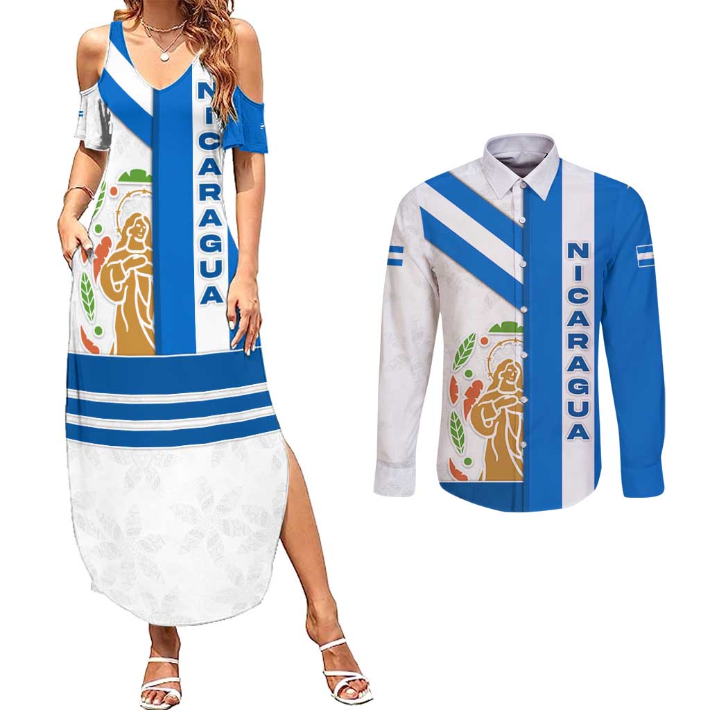 Nicaragua Cultural Art Couples Matching Summer Maxi Dress and Long Sleeve Button Shirt with Blue White Stripes and Indigenous Motif Design - Wonder Print Shop