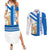 Nicaragua Cultural Art Couples Matching Summer Maxi Dress and Long Sleeve Button Shirt with Blue White Stripes and Indigenous Motif Design - Wonder Print Shop