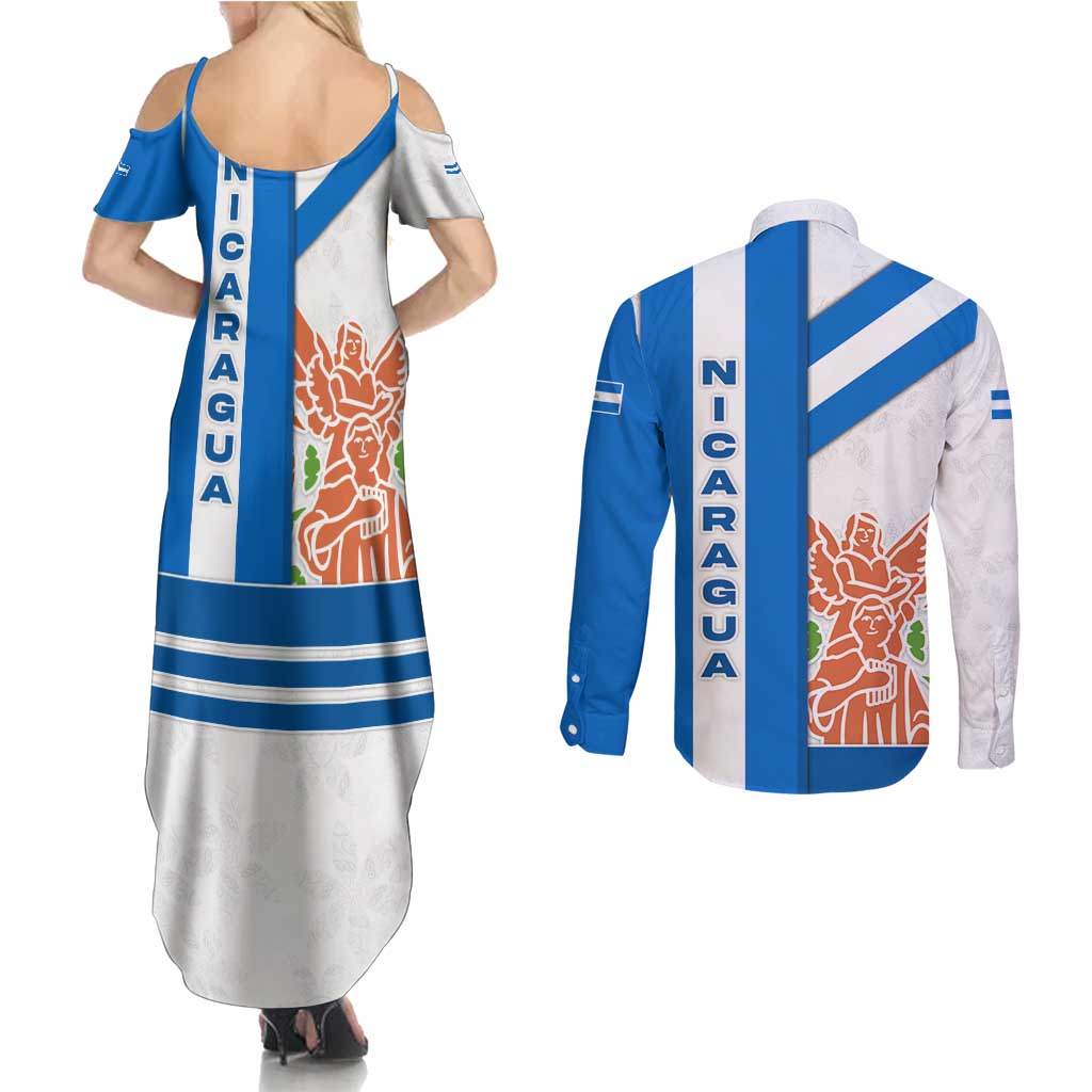 Nicaragua Cultural Art Couples Matching Summer Maxi Dress and Long Sleeve Button Shirt with Blue White Stripes and Indigenous Motif Design - Wonder Print Shop
