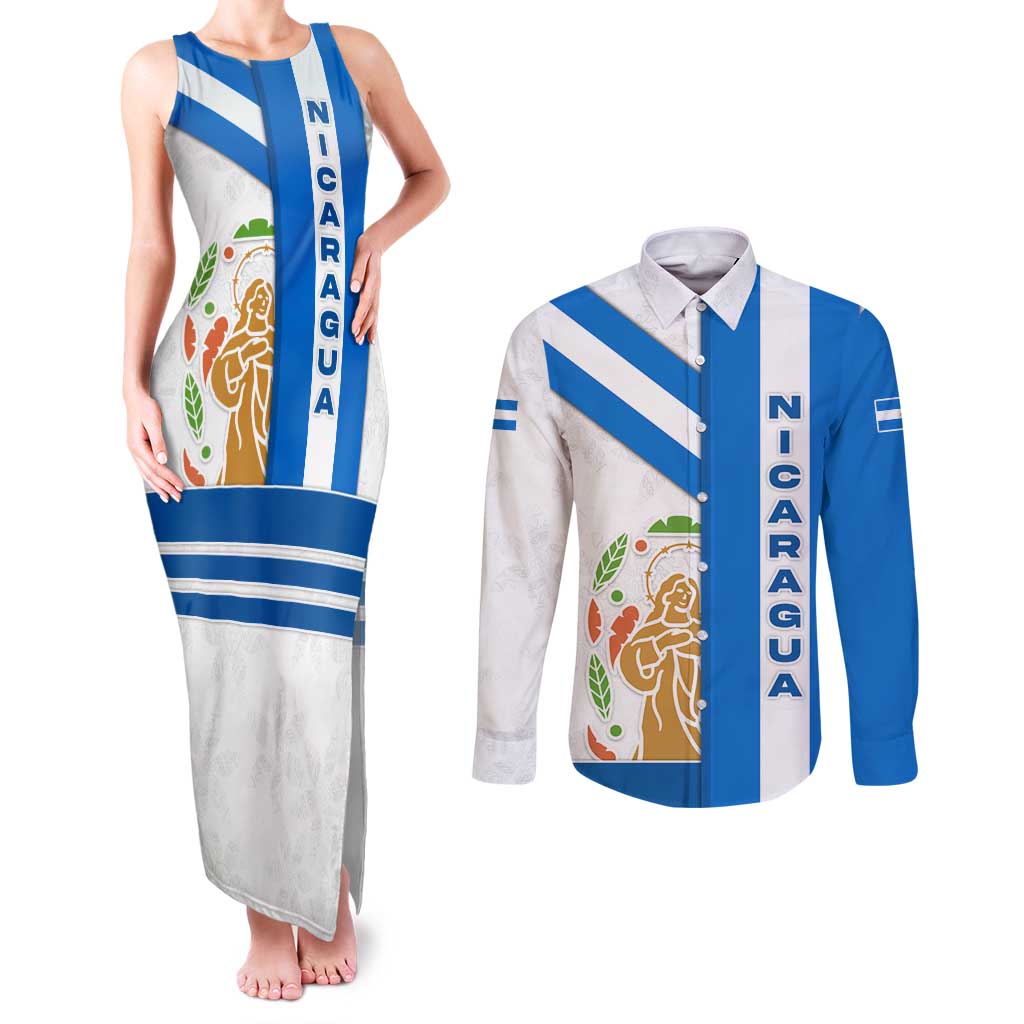 Nicaragua Cultural Art Couples Matching Tank Maxi Dress and Long Sleeve Button Shirt with Blue White Stripes and Indigenous Motif Design - Wonder Print Shop