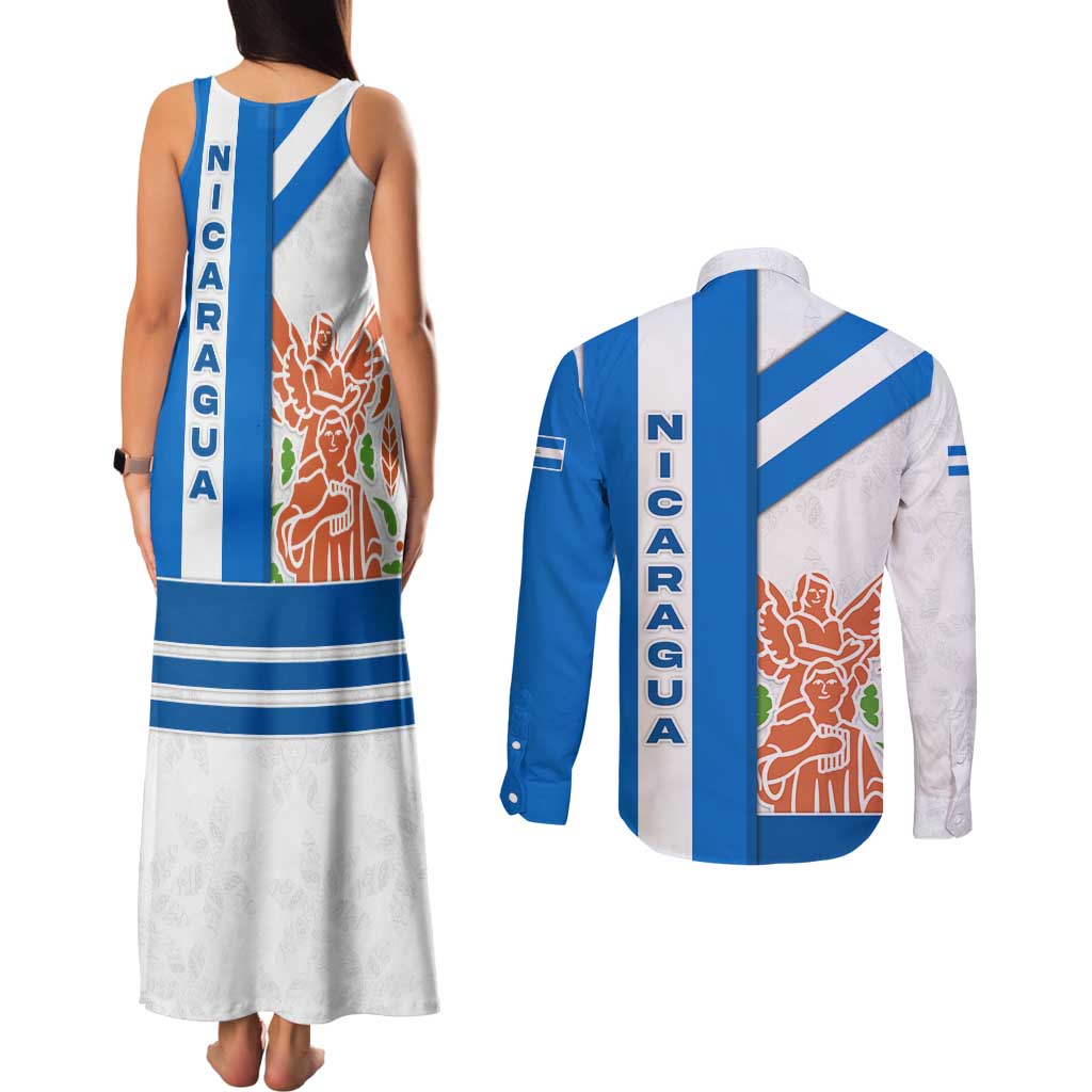 Nicaragua Cultural Art Couples Matching Tank Maxi Dress and Long Sleeve Button Shirt with Blue White Stripes and Indigenous Motif Design - Wonder Print Shop