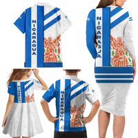 Nicaragua Cultural Art Family Matching Long Sleeve Bodycon Dress and Hawaiian Shirt with Blue White Stripes and Indigenous Motif Design - Wonder Print Shop