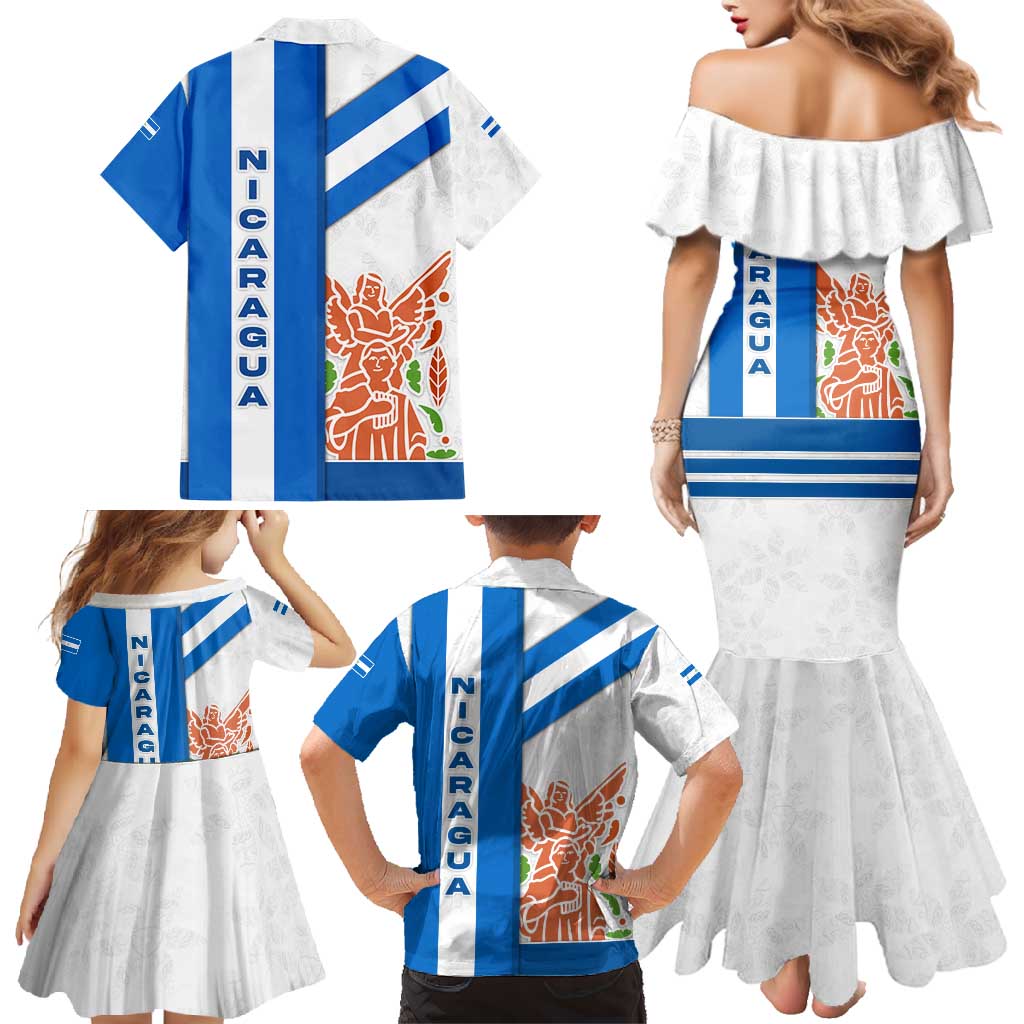 Nicaragua Cultural Art Family Matching Mermaid Dress and Hawaiian Shirt with Blue White Stripes and Indigenous Motif Design - Wonder Print Shop