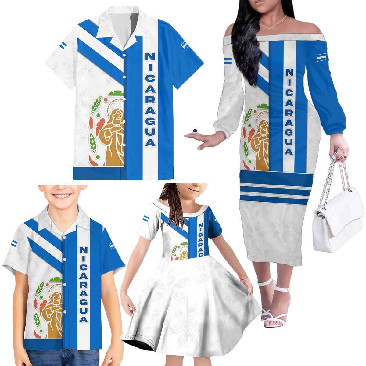 Nicaragua Cultural Art Family Matching Off The Shoulder Long Sleeve Dress and Hawaiian Shirt with Blue White Stripes and Indigenous Motif Design - Wonder Print Shop