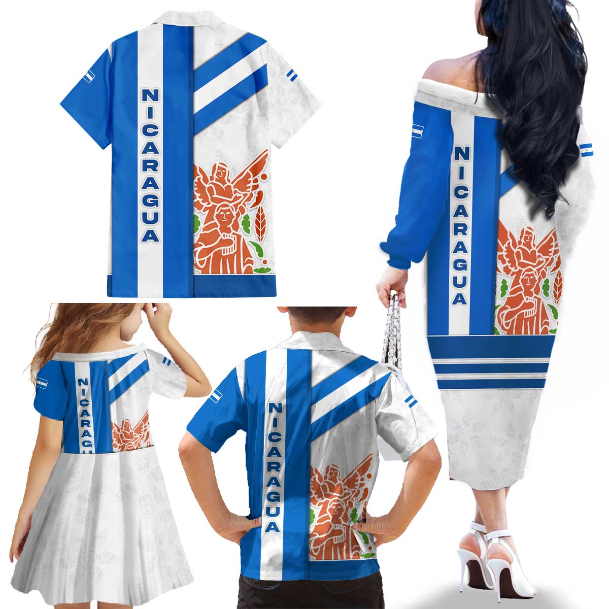 Nicaragua Cultural Art Family Matching Off The Shoulder Long Sleeve Dress and Hawaiian Shirt with Blue White Stripes and Indigenous Motif Design - Wonder Print Shop