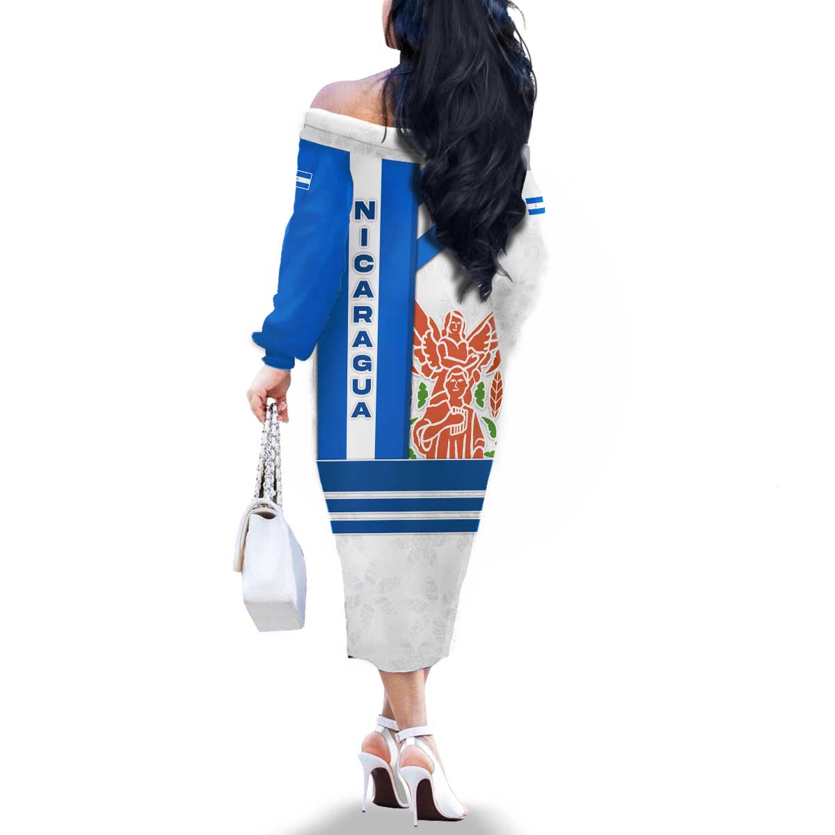 Nicaragua Cultural Art Family Matching Off The Shoulder Long Sleeve Dress and Hawaiian Shirt with Blue White Stripes and Indigenous Motif Design - Wonder Print Shop