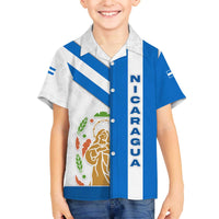 Nicaragua Cultural Art Family Matching Off The Shoulder Long Sleeve Dress and Hawaiian Shirt with Blue White Stripes and Indigenous Motif Design - Wonder Print Shop