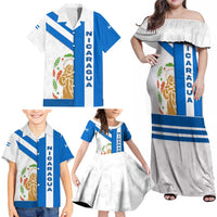 Nicaragua Cultural Art Family Matching Off Shoulder Maxi Dress and Hawaiian Shirt with Blue White Stripes and Indigenous Motif Design - Wonder Print Shop