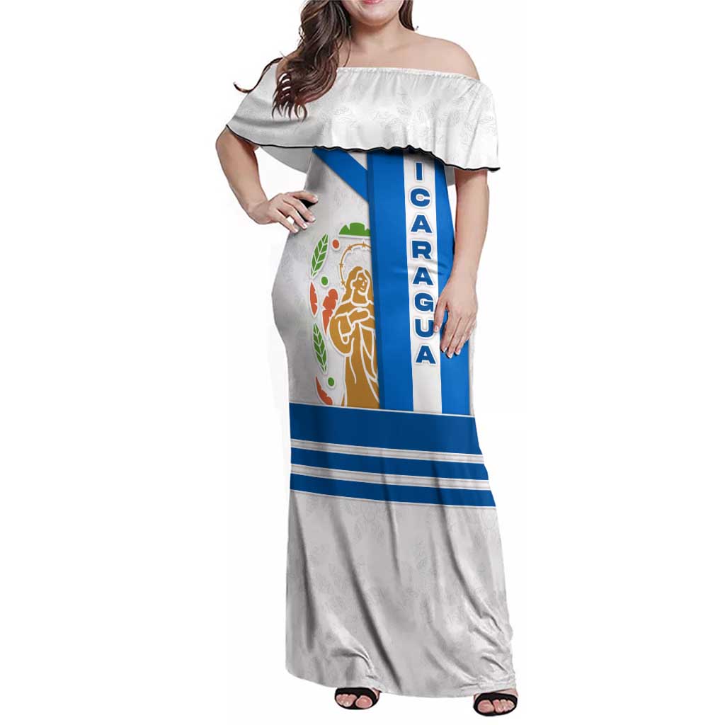 Nicaragua Cultural Art Family Matching Off Shoulder Maxi Dress and Hawaiian Shirt with Blue White Stripes and Indigenous Motif Design - Wonder Print Shop