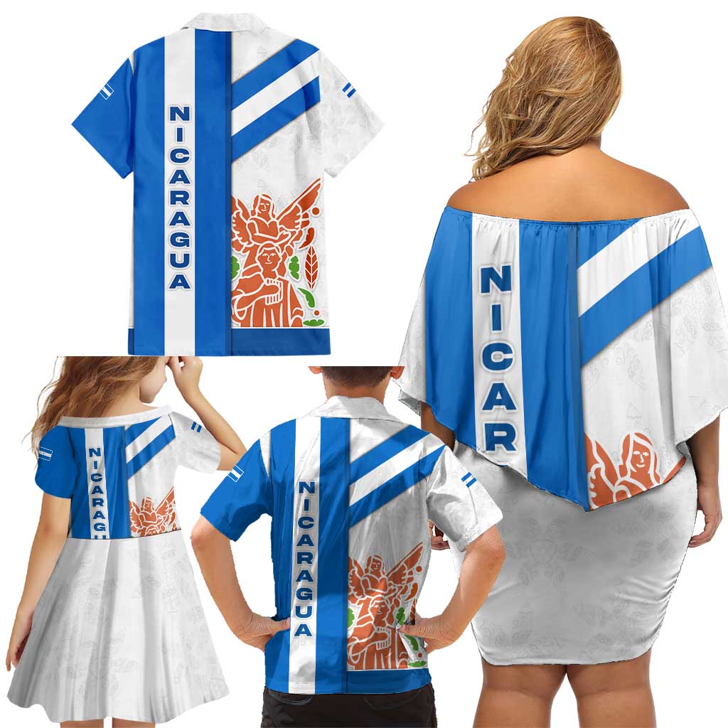Nicaragua Cultural Art Family Matching Off Shoulder Short Dress and Hawaiian Shirt with Blue White Stripes and Indigenous Motif Design - Wonder Print Shop