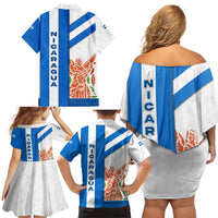 Nicaragua Cultural Art Family Matching Off Shoulder Short Dress and Hawaiian Shirt with Blue White Stripes and Indigenous Motif Design - Wonder Print Shop