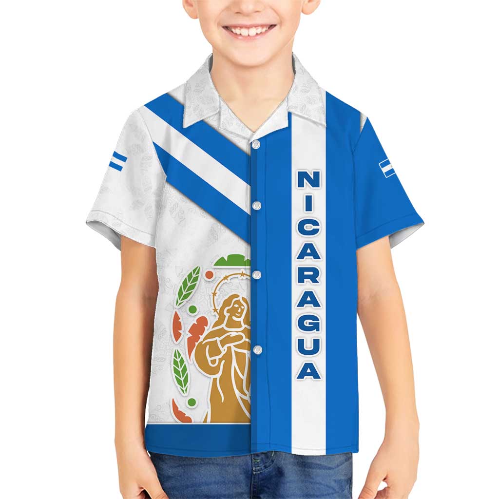 Nicaragua Cultural Art Family Matching Off Shoulder Short Dress and Hawaiian Shirt with Blue White Stripes and Indigenous Motif Design - Wonder Print Shop