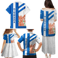 Nicaragua Cultural Art Family Matching Puletasi and Hawaiian Shirt with Blue White Stripes and Indigenous Motif Design - Wonder Print Shop