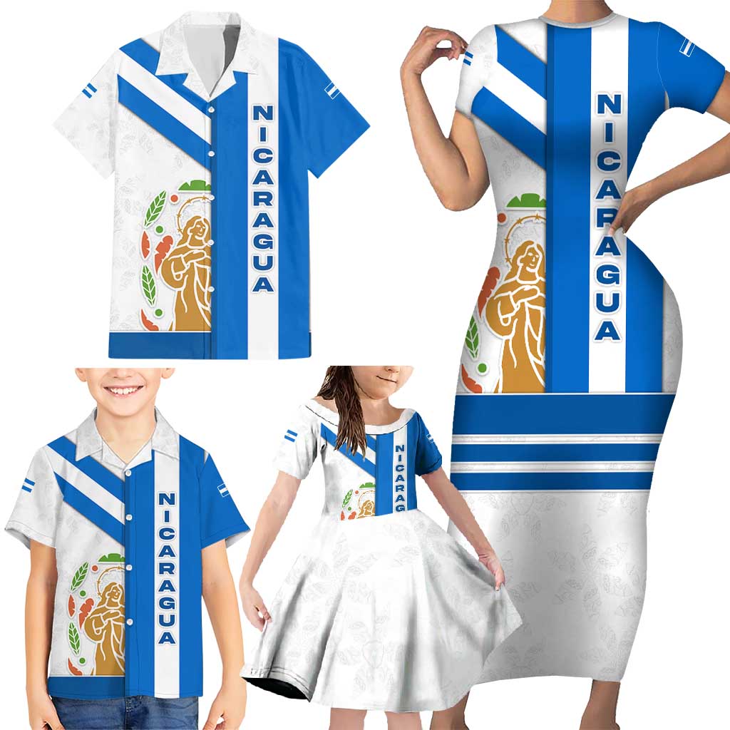 Nicaragua Cultural Art Family Matching Short Sleeve Bodycon Dress and Hawaiian Shirt with Blue White Stripes and Indigenous Motif Design - Wonder Print Shop