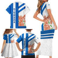 Nicaragua Cultural Art Family Matching Short Sleeve Bodycon Dress and Hawaiian Shirt with Blue White Stripes and Indigenous Motif Design - Wonder Print Shop