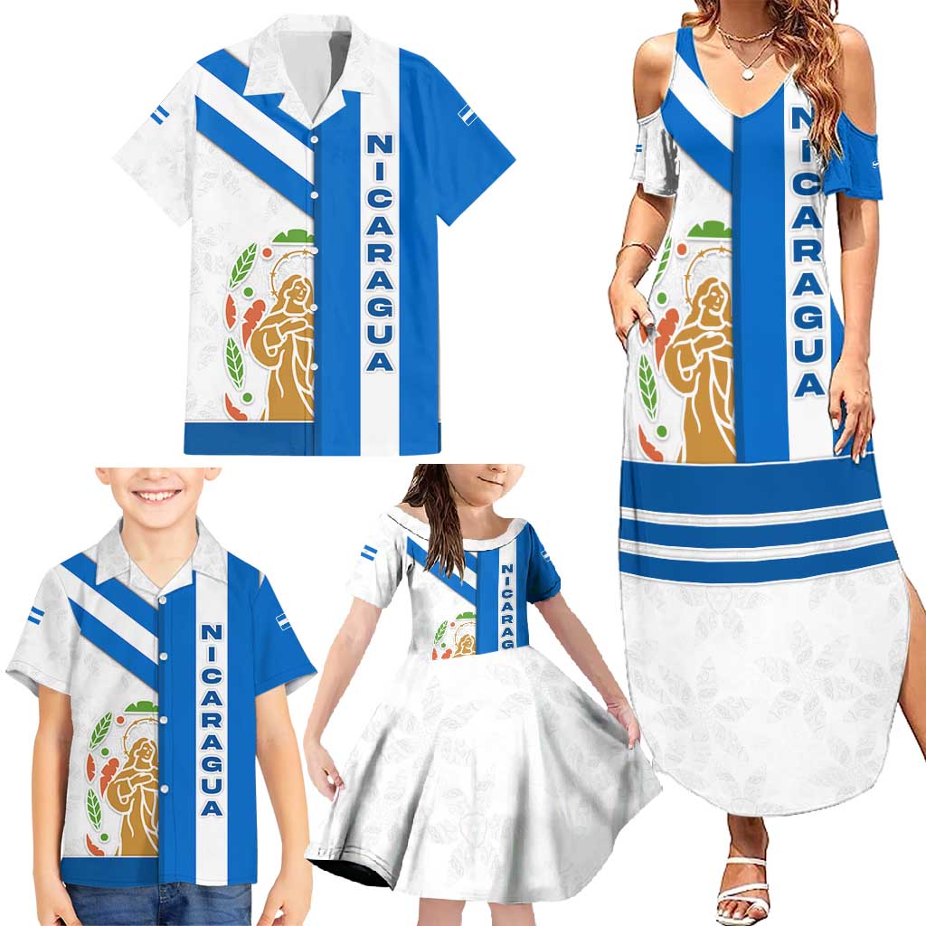 Nicaragua Cultural Art Family Matching Summer Maxi Dress and Hawaiian Shirt with Blue White Stripes and Indigenous Motif Design - Wonder Print Shop