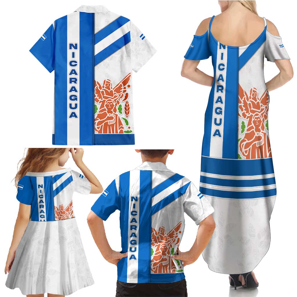 Nicaragua Cultural Art Family Matching Summer Maxi Dress and Hawaiian Shirt with Blue White Stripes and Indigenous Motif Design - Wonder Print Shop