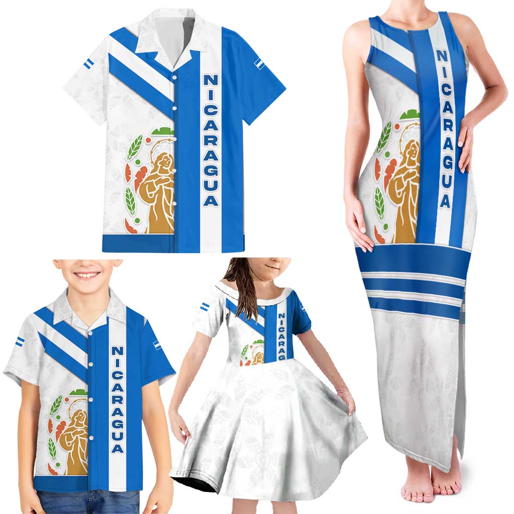 Nicaragua Cultural Art Family Matching Tank Maxi Dress and Hawaiian Shirt with Blue White Stripes and Indigenous Motif Design - Wonder Print Shop