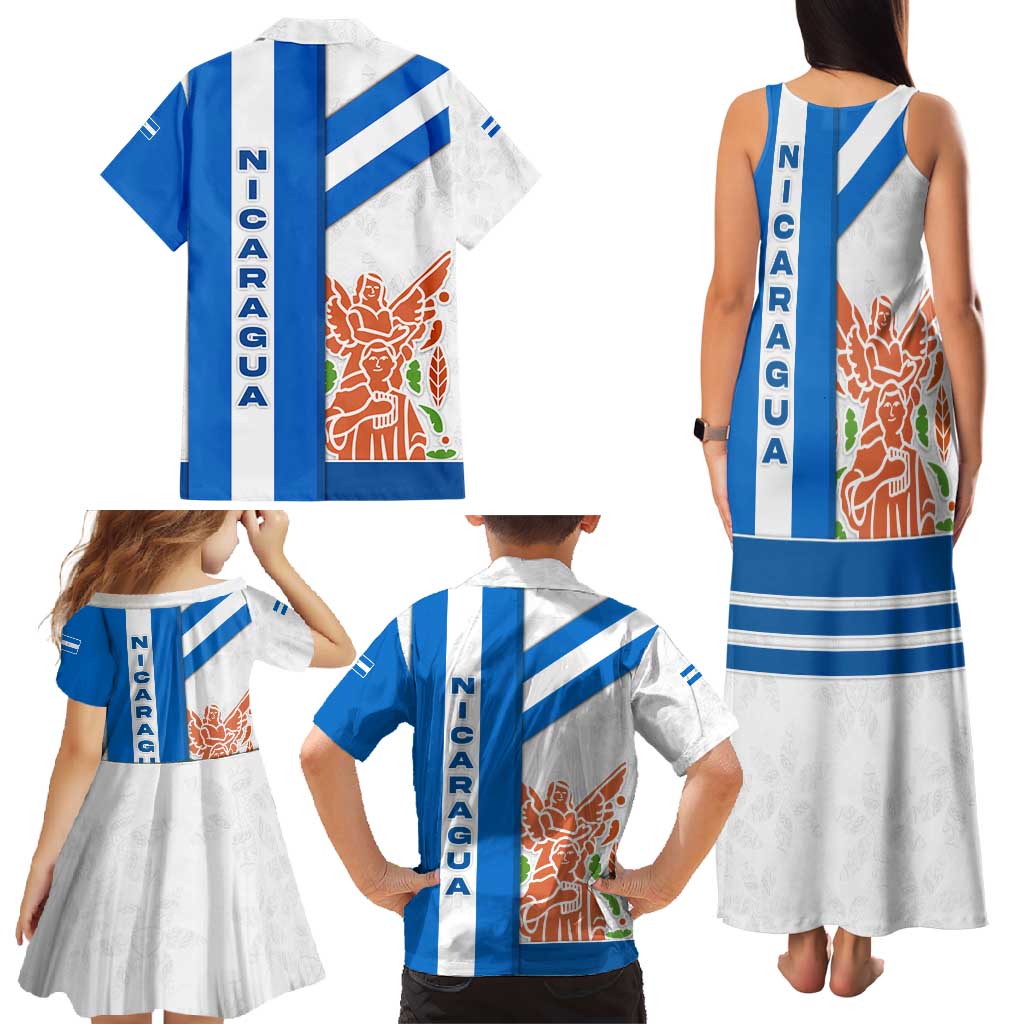 Nicaragua Cultural Art Family Matching Tank Maxi Dress and Hawaiian Shirt with Blue White Stripes and Indigenous Motif Design - Wonder Print Shop